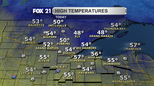 Temperatures in the Northland around 1:30 p.m. on Wednesday, November 15, 2023 range from 48 degrees in Ely and Grand Marais to 57 degrees in Superior. Most locations are in the 50s.