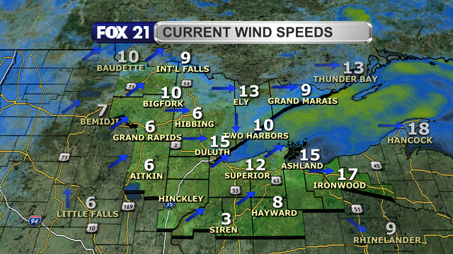 Wind speeds in the Northland around 1:30 p.m. on Wednesday, November 15, 2023 range from 3 to 15 mph. Wind direction is from the west and southwest.
