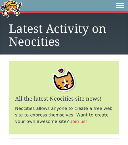 The neocities web feed. The header reads â€œlatest activity on Neocitiesâ€�