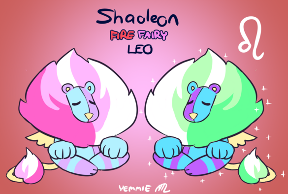 Shaoleon
Fire / Fairy
Leo

A lion plushie fakemon, sitting with its legs crossed like it's meditating. It has tiny wings and a mane and tail that looks like pink flames (green for the shiny counterpart).