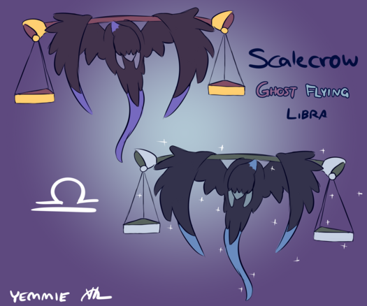 Scalecrow
ghost / flying
Libra

This fakemon looks like a tired black bird with feathers over its eyes (justice is blind, afterall), and it carries a pole with a vessel on each end of the pole, effectively making them resemble a scale.