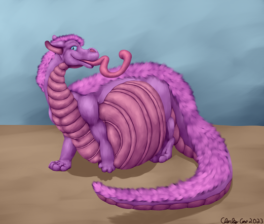 A purple and pink dragon with a stuffed belly. They stand with one of their front paw holding and squeezing at their belly.  Their head raised up and turned to the side facing the right.  They are looking at the viewer and sticking out their long tongue curling it about.  Looks like they have room for more.