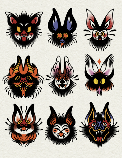 A tattoo flash sheet of nine different designs, all of different bat heads with various designs, colors, and shapes.
