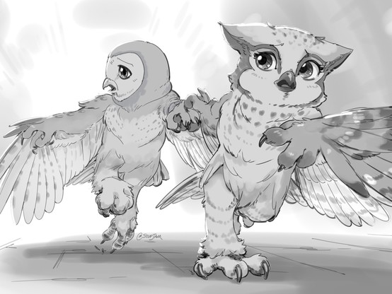 Akki (left), barn owl girl and Suuva (right), eurasian eagle owl girl. anthro birds sketch