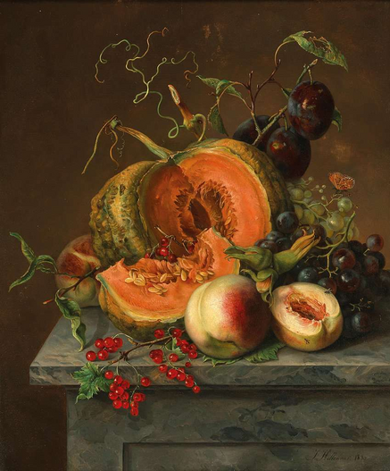 An ornate still life from the early 19th century. On a stone plinth rest a pumpkin with a large wedge cut out, showing its insides. Surrounding it are grapes, peaches, and plums, and a spray of what may be currants. Fanciful tendrils from the pumpkin vine are shown in great detail.