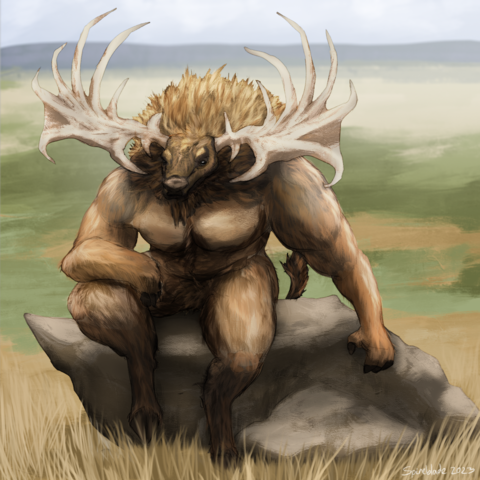 Digital art of a bulky anthro bison-elk hybrid sitting on a rock in a grassy plains environment.
