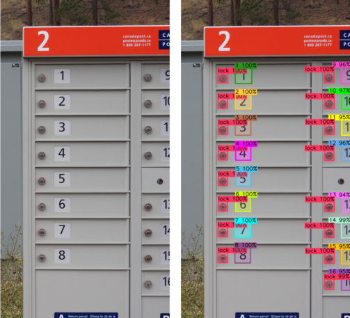 Image of mailboxes, with neural network trained detect numbers and locks.

Even numbers truncated at the edge of the image are surprisingly detected.