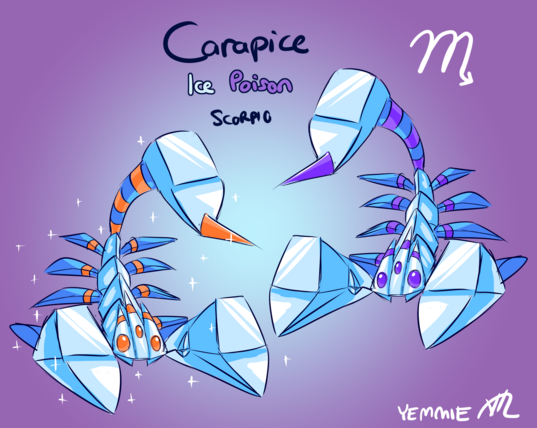 Carapice
ice / poison
Scorpio

a scorpion made of ice?