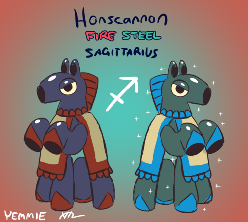 Honsecannon
fire / steel
Sagittarius

A 4-legged cannon with 2 more cannons for arms, somewhat resembles a knight chess piece (the horse-headed piece).