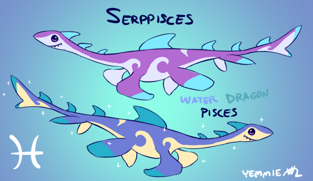 Serppisces
water / dragon
Pisces

Looks like a shark's face on a loch ness plesiosaur. also looks like it wants dino nuggies.