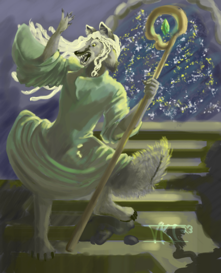 A silver fox who is also a wizard with white curly hair and robes. He holds a staff with a floating green gem, gesturess dramatically, and is backed by a sparkling portal.