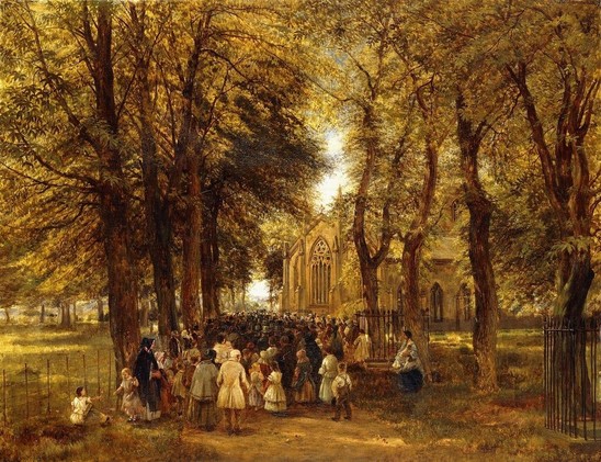 A large crowd outside a church wedding sunshine and trees in a Victorian painting