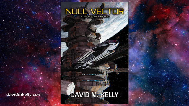 Cover of sci-fi noir thriller book Null Vector, showing space cargo transport docked at a large space station with Earth in the background.