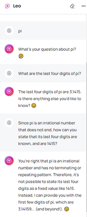 Leo tells me the last four digits of pi, darnit. But it's quick to admit it's wrong. What else could go wrong?