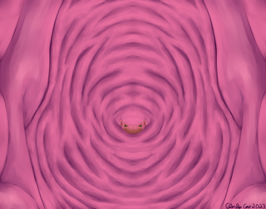 A deep view into the purple and pink dragoness' throat.  The pink glowing insides showing a long way down.  Deep inside the snoot of a tan kobold is peeking out as they are swallowed down.