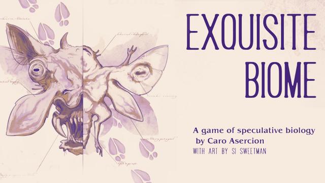 A traditional taxonomic biology style drawing of a winged frog with four eyes that is split with a very strange drawing of a fanged goat witha cheek flap that juts out akin to a third goat ear. Overlaid text: Exquisite Biome - A game of speculative biology by Caro Asercion with Art by Si Sweetman