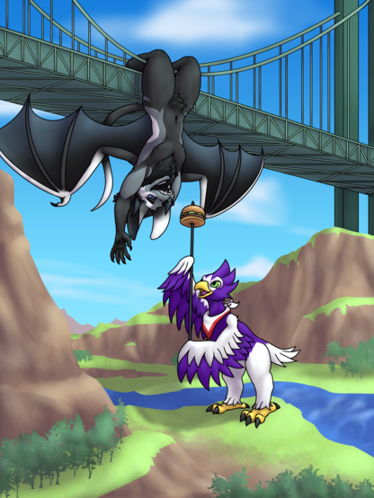 A giant bat hanging from a bridge upside down with a giant eagle feeding him a burger on a stick.