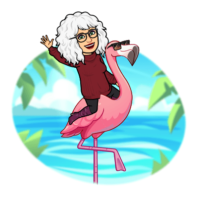 A bitmoji of a woman with white curly hair riding a huge, happy flamingo.
