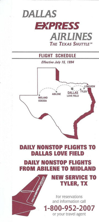 Flight schedule with a map of Texas and the airlines route of Midland / Odessa  - Abilene - Dallas - Longview or Tyler