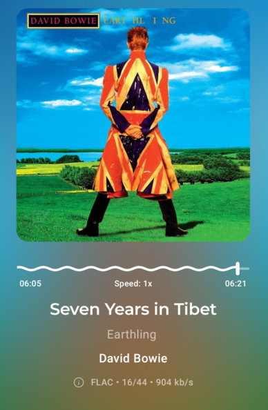 Screenshot of my music player playing Seven Years in Tibet from Earthling by David Bowie