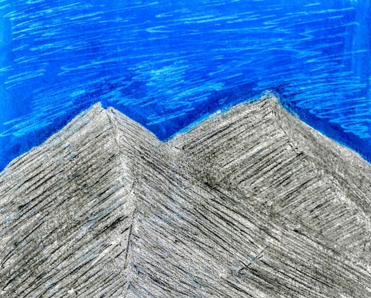 easier than tomorrow (cropped)

mountains are silver pen, pen, more silver pen, whiteout. sky is blue pen, whiteout.