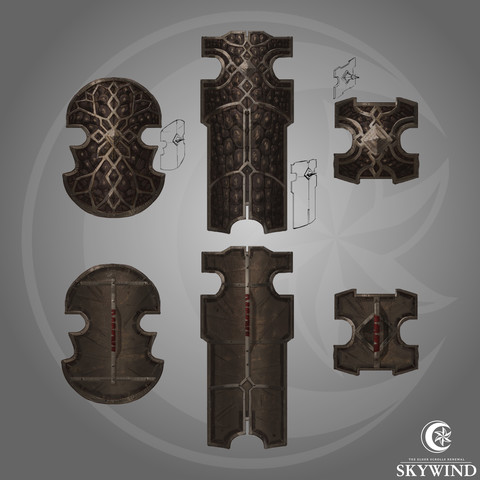 Conceptual drawings of three intricately-worked shields, with front and back views and a sketched three-quarter view of each. Each are dragonscale with metal inlay. The buckler, shield, and tower shield all bear a mean spike on the boss. The handles are wrapped with red cloth.