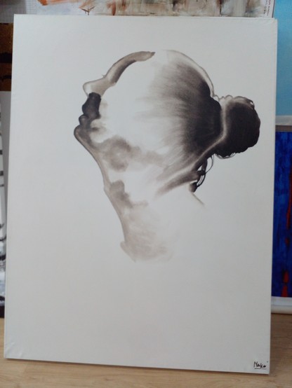 a painting of a head and neck of a person, done in an ink wash watercolor method, the features are softly defined, no eyes on the figure, the hair pulled back into a dark bun, the mouth and nose sections a bit darkened, a minimalist sketch but done in a large size
