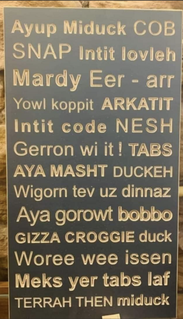 A sign featuring the dialect of the East Midlands. It says:

Ayup Miduck COB
SNAP Intit lovleh
Mardy Eer - arr
Yowl koppit ARKATIT
Intit code NESH
Gerron wi it! TABS
AYA MASHT DUCKEH
Wigorn tev uz dinnaz
Aya gorowt bobbo
GIZZA CROGGIE duck
Woree wee issen
Meks yer tabs laf
TERRAH THEN miduck

Honestly, this is actually how people speak. I myself have started calling people “Miduck”