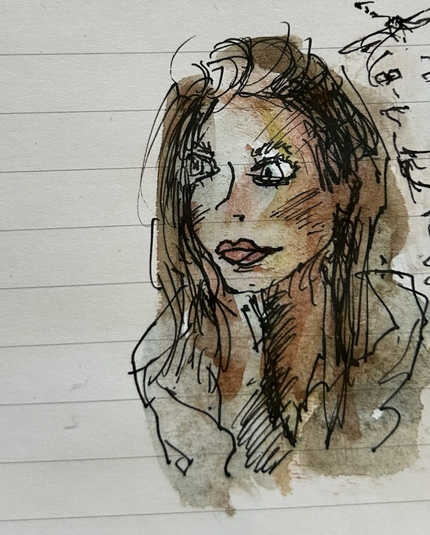 A cartoony sketch of a young woman with longish brown hair looking to the left