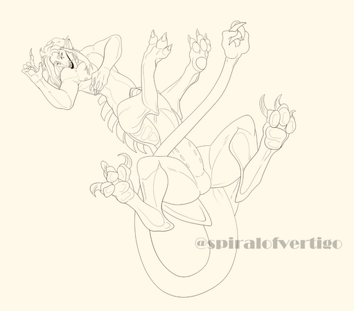 A large; strange humanoid taur creature is laying on his back with his paws facing the camera trying very hard to be cute and show off his toe beans. He has a sneaky expression on his face and looks playful.