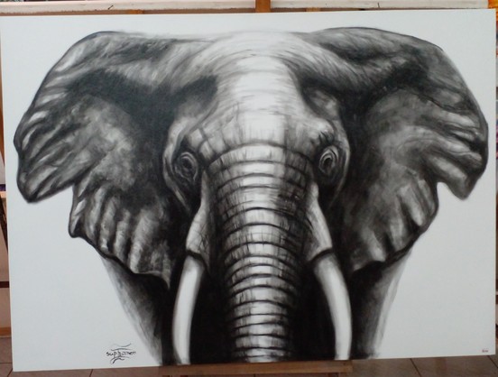 a painting of an elephant, white background, it is shown from the chest up, facing the viewer, it is shaded heavily