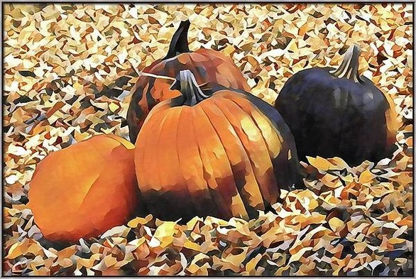 4 pumpkins among leaves.  Digitally remastered photograph