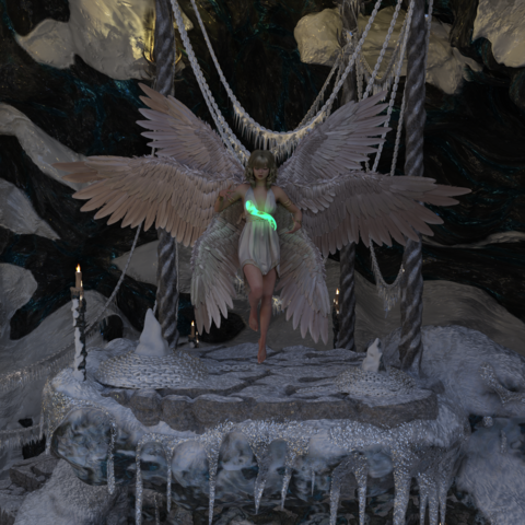 A younger looking angel with white wings and a white dress with curly blond hair. She is in a ice covered ritual site that she is going to use her holy powers to clense
