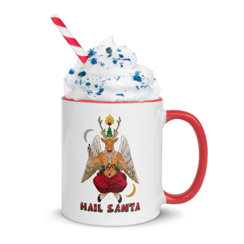 Mug with a reindeer in the classic Baphomet pose. It says "Hail Santa"