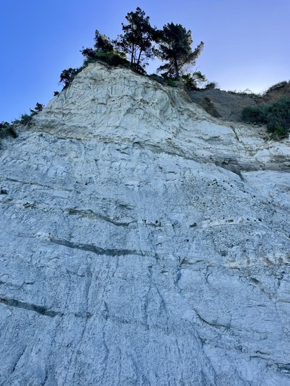 A slice through time: cliff exposing sediments formed when this was an ocean floor during the Oligocene; layers demarcate different conditions/ materials