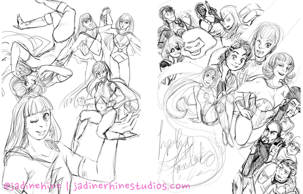 Black and white sketch filled with different characters from Tangent Flash's corner of the Tangent Comics publishing line. On the right, your right, Lia in the foreground with her friends and family in the background. On the left, your left, Reverse Flash in the foreground with all the initial versions of Tangent Flash in the background.