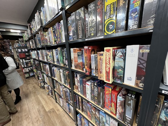 Shelves of board games stretching into the distance.