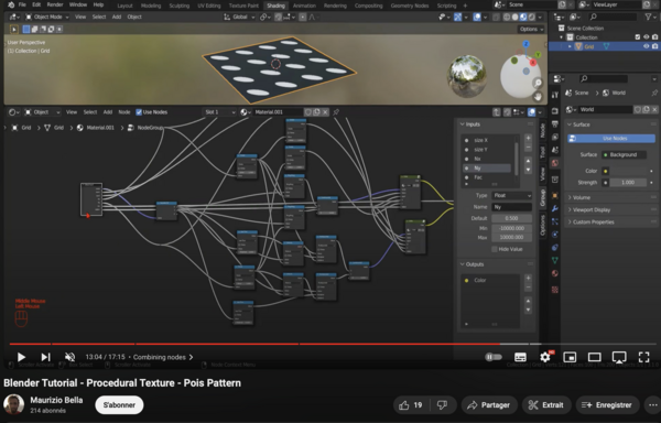carpure d'écran d'une video youtube de Maurizio Belle.
titre " Blender Tutorial prodedural -Texture Pois pattern"
Sur la vidéo,
en haut : un motif de poids ovoides,
en bas: une multitude de noeuds avec plein de raccordements.