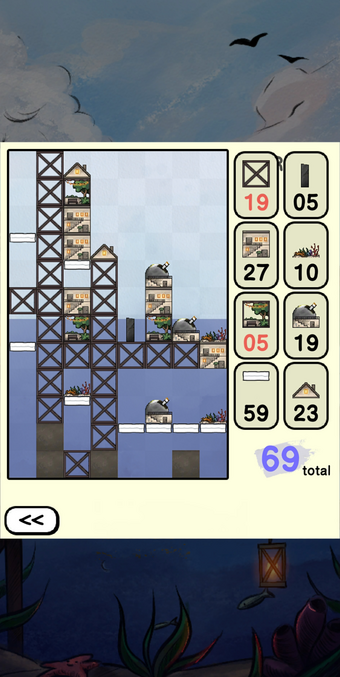 Gameboard of a roll-and-write tile placement game. Multiple towers and scaffolding constructions pierce through the surface of the ocean, observatories on top of the spires are turned skywards.