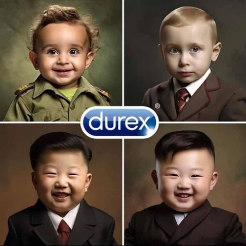 Comical condom advertisement, featuring AI produced photos of modern dictators as children.