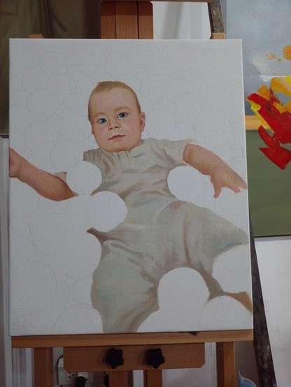 a painting of a baby wearing a khaki-colored jumpsuit, laying in a ball pit, the background is blank except for guidelines, the baby is almost finished being colored in, he has big blue eyes and looks at the viewer calmly
