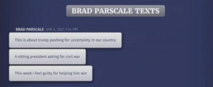 Former Campaign Manager to Tr*mp, Brad Parscale's texts are pictured. They were written to current campaign adviser Kathleen Pierson, on the eve of January 6: "This... is a sitting president asking for civil war. This week, I feel guilty for helping him win."