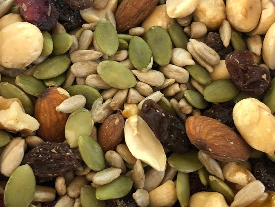 Cranberry trail mix with cranberries, peanuts, raisins, walnuts, almonds, sunflower seeds, pepitas in the Franklin Farm section of Oak Hill, Fairfax County, Virginia.