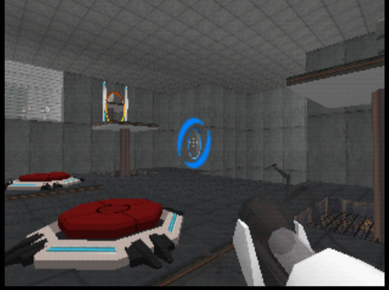 A screenshot from N64 Portal showing a test chamber with two red buttons and two open portals.
