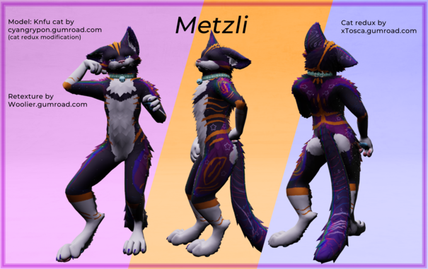The 3d model of an anthropomorfic cat creature is showcased in three shots next to each other, the creature posing to show their front, side and rear side. the fur is of a deep purple and blue, stars covering mist of the back, both in speckles and as rounded five pointed star symbols in white fur. the same color fur covering belly and chest, with a purple V cutting the white on the chest, orange stripes on the sides, head, elbows, and calves of the character the text reads "Metzli. Model: khnfu cat by Cyangryphon (cat redux modification) Cat redux by Tosca, Retexture by Woolier"