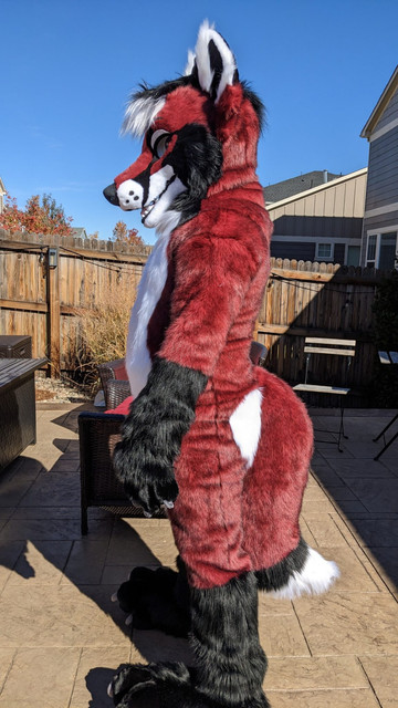 Red, black and white fox fullsuit side view