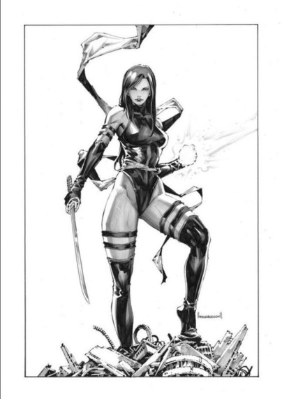 a black and white illustration of the x-men character psylocke, her psychic knife in her right hand and a samurai sword in her right, she is standing on top of rubble from a destroyed robot