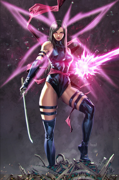 the illustration, colored in, she has a pink butterfly effect emanating from her, a dark background