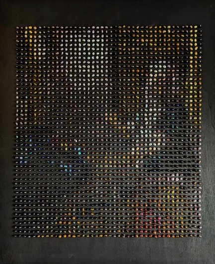 A black wood panel with a pixel art image on it. The image is Johannes Vermeer's "Woman Holding A Balance" and it's made out of dyed pearls pinned to the wood.
