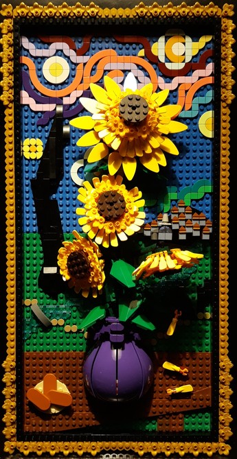 A lego setting of sunflowers and starry night from Van Gogh